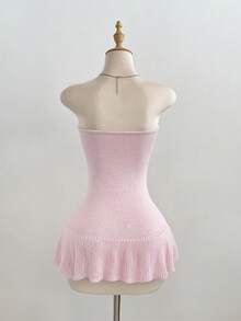 Elamini Sexy Strapless 3D Floral Women Sweater Dress - Pink - View 2