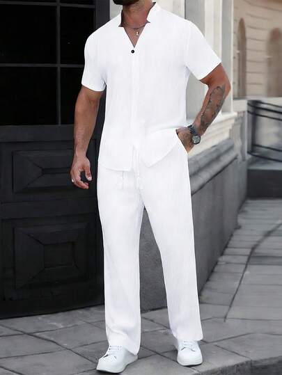 Manfinity CasualCool Men's Solid Color Front Button Short Sleeve Shirt And Slant Pocket Long Pants Set Casual Two Piece Set Men Men Summer Sweatsuit Linen Two Piece Set Men Mens 2 Piece Outfits White Men White 2 Piece Pants Set