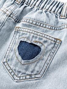 Shorts vaqueros casuales para niñas preadolescentes con diseño de bolsillo con forma de corazón, shorts de jeans lavados de moda - Azul - Ver 4