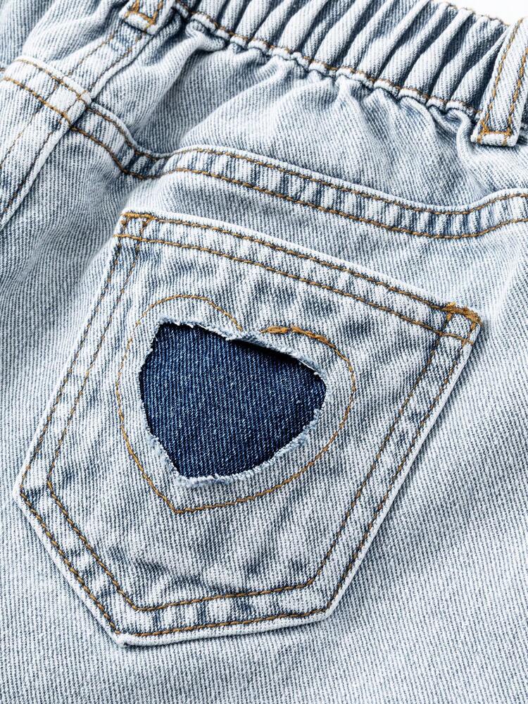 Tween Girls' Casual Denim Shorts With Heart Pocket Design, Fashionable Washed Jeans Shorts - Blue - View 5