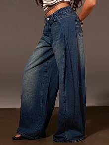 Athîral Women's Pocketed Button Pleated Casual Versatile Commuting Wide Leg Jeans - Medium Wash - View 1