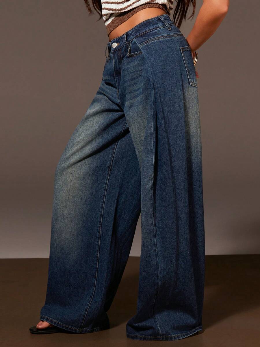 Athîral Women's Pocketed Button Pleated Casual Versatile Commuting Wide Leg Jeans - Medium Wash - View 1