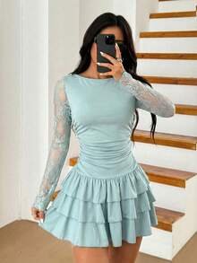 SHEIN EZwear 女士新款秋季黑色蕾丝拼接层叠荷叶边迷你连衣裙 - 薄荷綠 - 查看 6