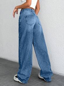 SHEIN 女士低腰带口袋阔腿宽松休闲百搭牛仔裤 - 中等水洗藍 - 查看 2