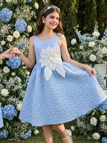 SHEIN Đầm dệt hoa jacquard thanh lịch dành cho bé gái tuổi teen, không tay, đính hoa 3D lấp lánh, thích hợp mặc hàng ngày, dự tiệc, các buổi gặp mặt và các dịp trang trọng. - Màu xanh lam - Xem 1