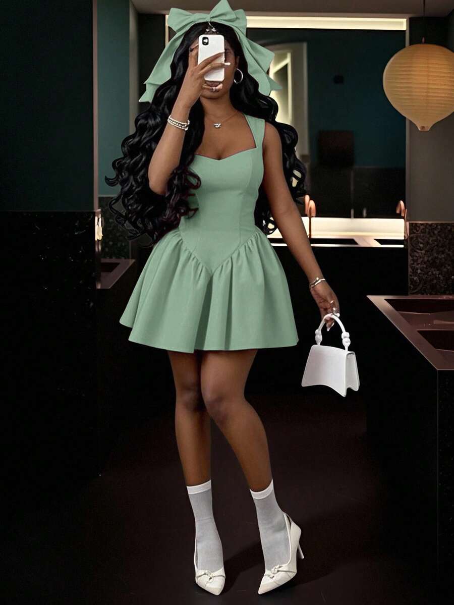 Slaydiva 夏季新款优雅甜心领无袖露背A字公主裙，粉色女士短裙 - 薄荷綠 - 查看 1