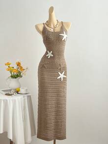 Elamini Women's Brown Floral Dress, Sexy Hollow Out Lightweight Breathable Summer Beach Dress, Casual Outfit - Multicolor - View 3