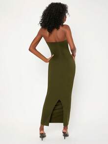 SHEIN BASICS 纯色开衩下摆抹胸休闲晚宴约会连衣裙 - 軍綠色 - 查看 3