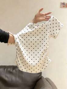 Resyla 女士黑白波点露肩短袖T恤，修身短款上衣 - 白色 - 查看 4
