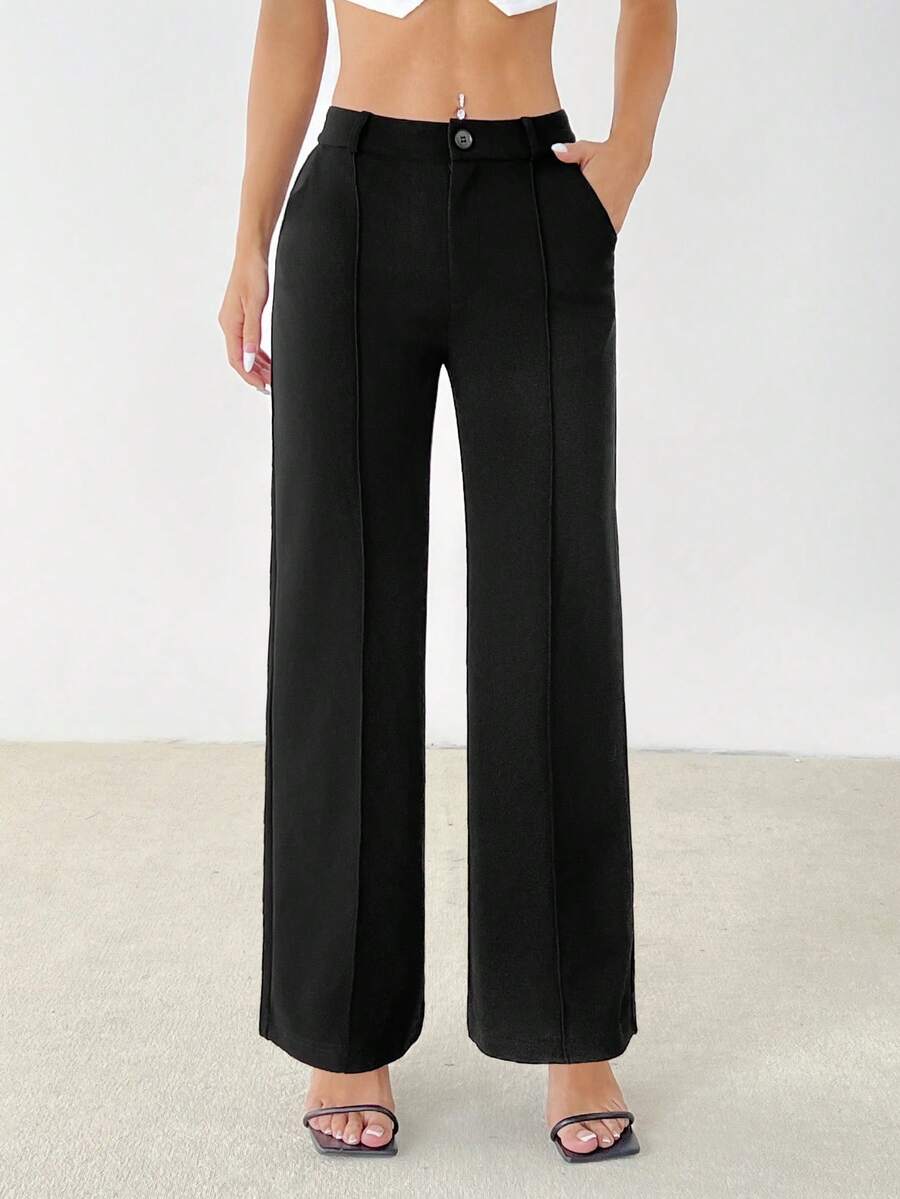 SHEIN PETITE Women's Casual Commuting Solid Straight Pants - Black - View 1