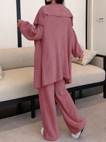 DAZY 3pcs/Set Faux Fur Robe, Camisole & Pants Women Pajama Set, Winter - Hot Pink - View 2