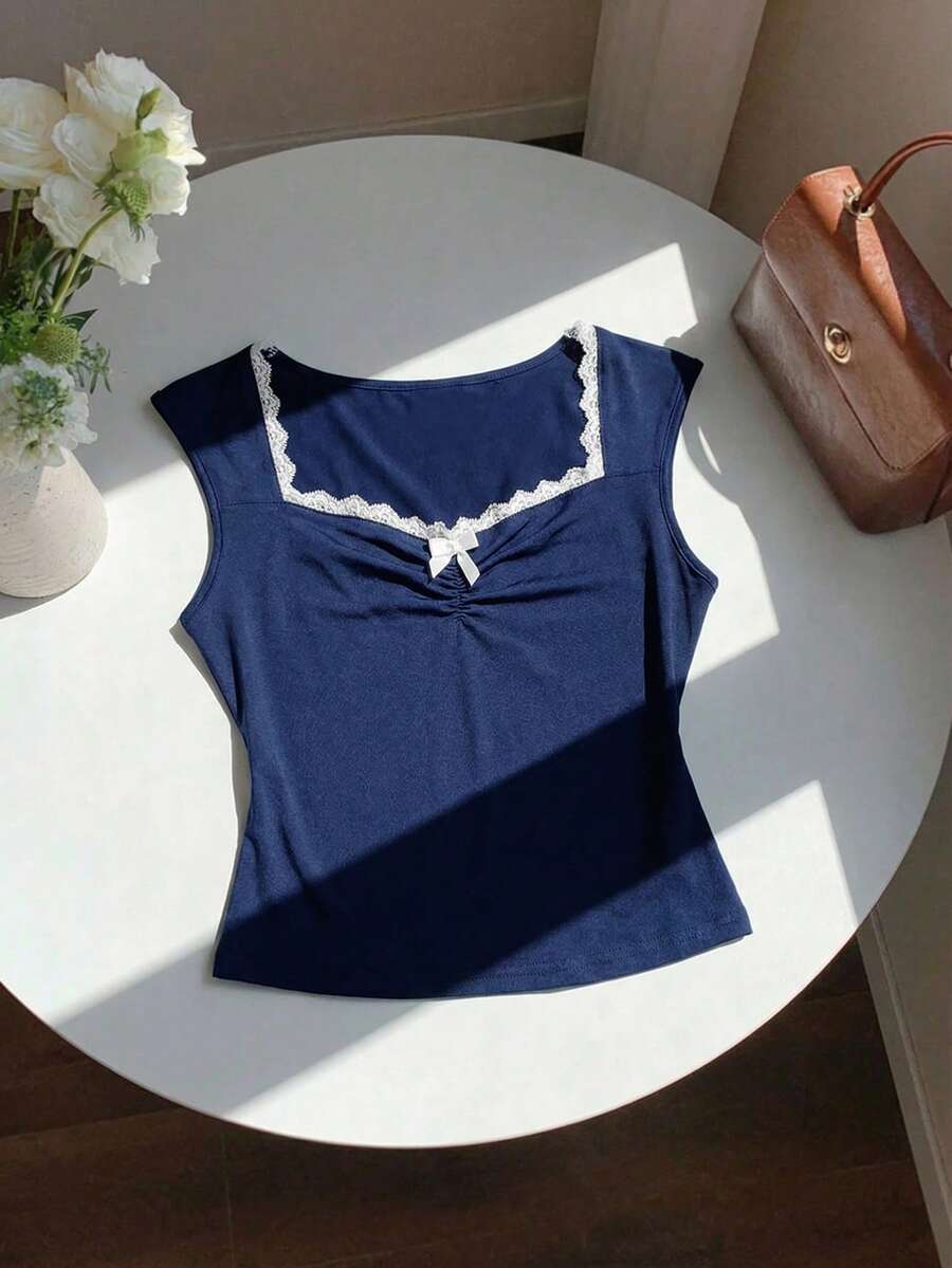 Tween Girls' Casual Minimalist Vacation Square Neck Lace Trim Ribbon Bow Decor Ruched Puff Sleeve Fitted Solid Color T-Shirt, Navy Blue Girls Blue Top Girls Top Navy Blue Top Top For Tweens - Royal Blue - View 1