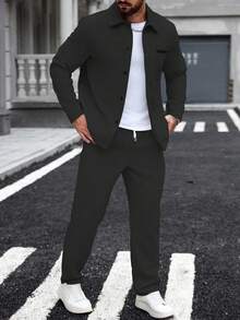 Manfinity Homme Men's Pocket Shirts & Elasticated Waistband Pants Two Pieces Jacket Suit Men Casual Suit Men Co Ord Men Black Two Pieces Set Men Joggers Suit, For Winter - Black - View 6