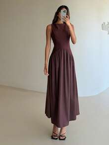 Aloruh 女士优雅露肩修身纯色沙滩度假复古风棕色连衣裙 - 棕色 - 查看 7