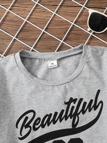 SHEIN Tween Girls Letter & Number Print Round Neck Short Sleeve T-Shirt And Mini Skirt Casual Outfit - Grey - View 6