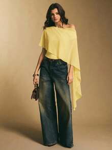 Poéselle Women's Solid Color Poncho Design Elegant Bodysuit - Yellow - View 7