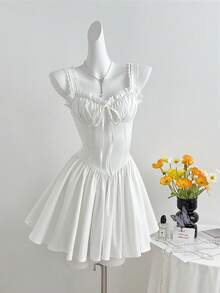 Elamini 女士蕾丝边饰打结设计褶皱腰身优雅派对迷你连衣裙 - 白色 - 查看 1