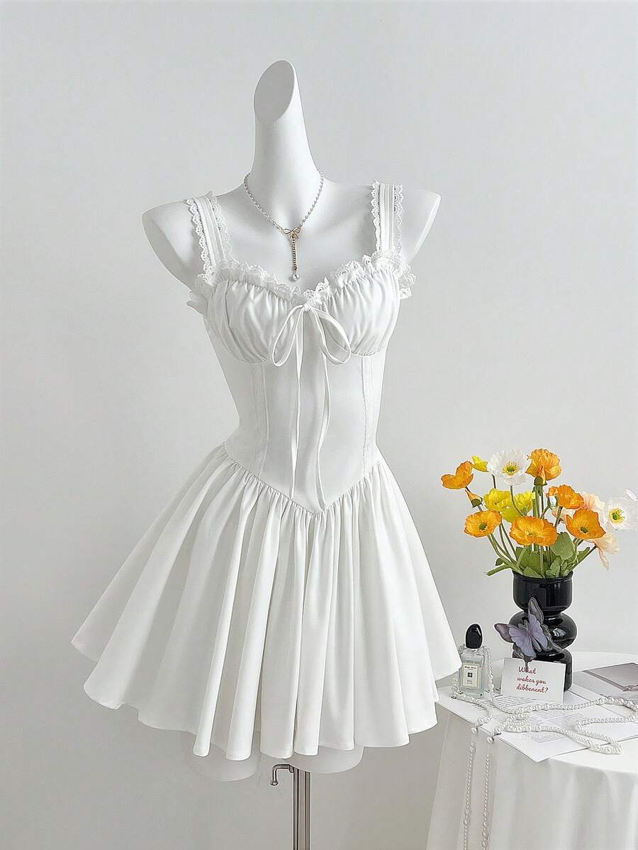 Elamini 女士蕾丝边饰打结设计褶皱腰身优雅派对迷你连衣裙 - 白色 - 查看 1