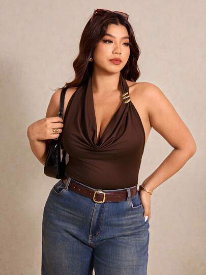 Elaquor Blusa de cuello pronunciado con decoración metálica de moda para mujer de talla grande