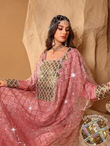 Layrah Elegant Spring/Summer Square Neck Sequin Embroidered Dress For Evening Party - Pink - View 2