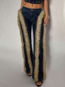 Jeanoix Quần jeans ống loe phối màu tương phản với chất liệu giả lông thú dành cho nữ - Rửa tối - Xem 5