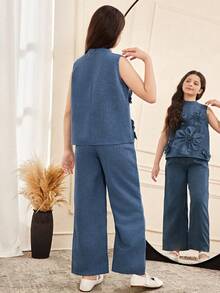 Baby Girl Casual Collared Sleeveless Floral Top And Pants Set