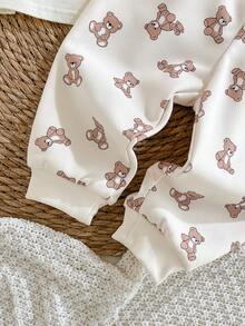 Loomiva 2pcs Baby Boy Cartoon Bear Pattern Knit Soft Round Neck Short Sleeve Top And Elastic Waist Pants Set - White - View 8