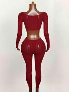 Mistrie Bộ jumpsuit dài tay cổ tròn khoét eo màu trơn gợi cảm dành cho nữ, thích hợp cho hẹn hò hoặc dự tiệc. - Màu Đỏ Sâu - Xem 2