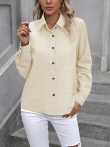 EMERY ROSE Áo sơ mi nữ dài tay màu trơn, cài một hàng cúc, kiểu dáng thường ngày/công sở. - Màu be - Xem 4