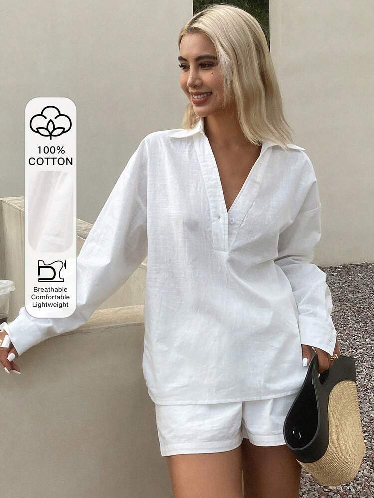 Loose Fit Solid Color Long Sleeve Casual Summer Blouse For Women Vacation