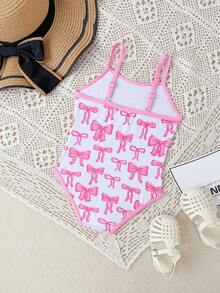 女童连体泳衣，肩带可调节，蝴蝶花卉图案，黑色 - 淺粉色 - 查看 2