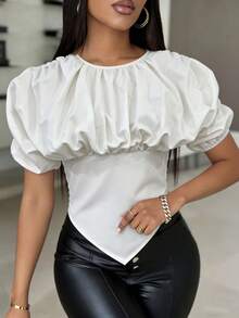 Xyvia Blusa de mujer de manga raglán con cuello redondo, cintura ceñida, elegante y casual, de estilo retro francés para primavera/verano - Blanco - Ver 3