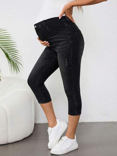 SHEIN Maternity Solid Color Slim Fit Casual Versatile 7/8 Length Jeans Spring To Summer Valentine's Day Carnival Costume Commuting Vacation Graduation Chic Y2k Cute Streetwear Party Wedding Elegant Business Casual Woman Women's Black Maternity Cropped Jeans With Comfort Stretch Waistband