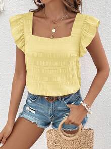 Vivid Eden 女士度假休闲褶皱浅黄色方领常规款荷叶边短袖衬衫，可爱度假夏季上衣 - 鵝黃色 - 查看 8