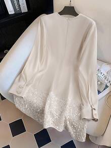 GlowEve Women's Round Neck Bow Decor Pearl Button Sequin Hem Long Sleeve Maxi Dress Fall Cloth For Women - White - View 2