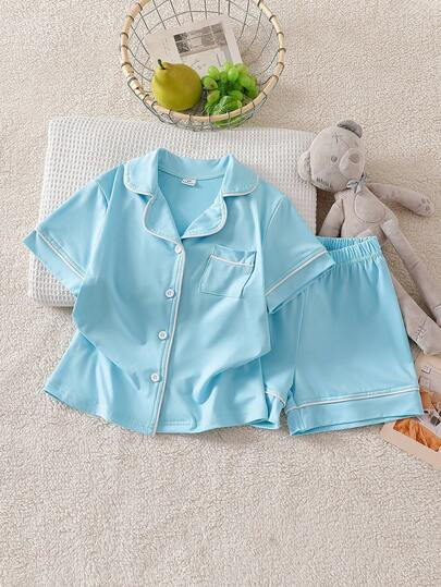 2 piezas Conjunto de pijama de camisa de manga corta y pantalones suaves de doble cara cepillados de color azul menta para niño minimalista