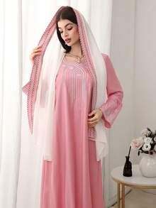 Yasmyna Elegant Geometric Embroidered Pink Abaya With Headscarf