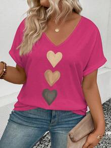 EMERY ROSE Women's V-Neck Flared Cuff, Ombre Heart Print Casual Versatile T-Shirt, Spring/Summer - Hot Pink - View 6