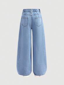 SHEIN Tween Girls' Fashionable&Cute Light Blue Straight Leg Jeans,Summer Back-To-School Strawberry Bowknot Print Loose Fit Wide Leg Baggy Denim,School Y2K - Light Wash - View 2