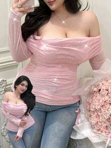 Vibekara 大码露肩亮片网纱优雅T恤 - 粉色 - 查看 4