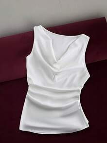 INAWLY Women's Solid Color Ruffled Collar 3D Floral Decor Sleeveless Blouse - White - View 5