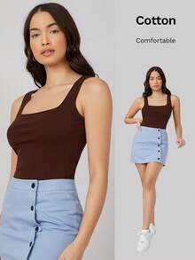 SHEIN BASICS Camiseta de tirantes de cuello cuadrado unicolor - Marrón - Ver 6