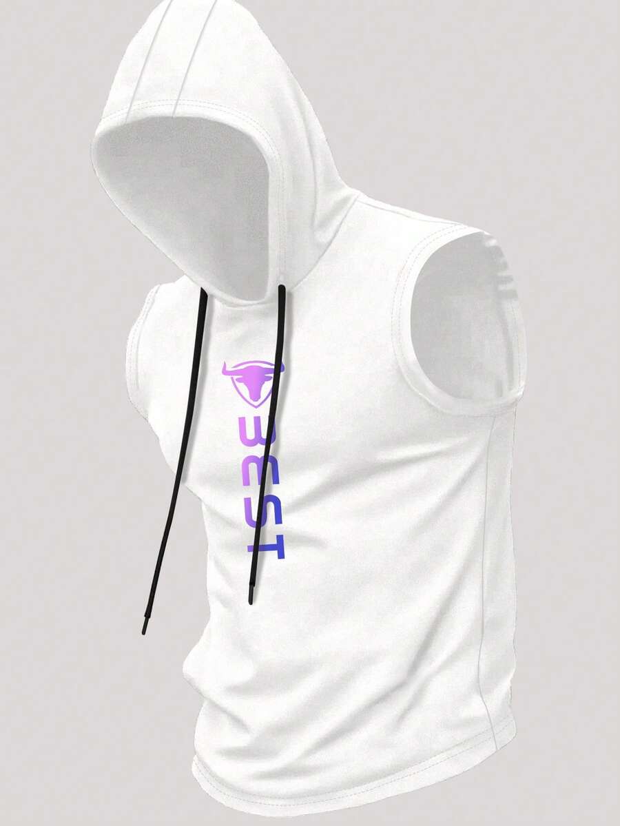 Manfinity EMRG Men's Letter Print Hooded Sleeveless Sports Tank Top - White - View 1