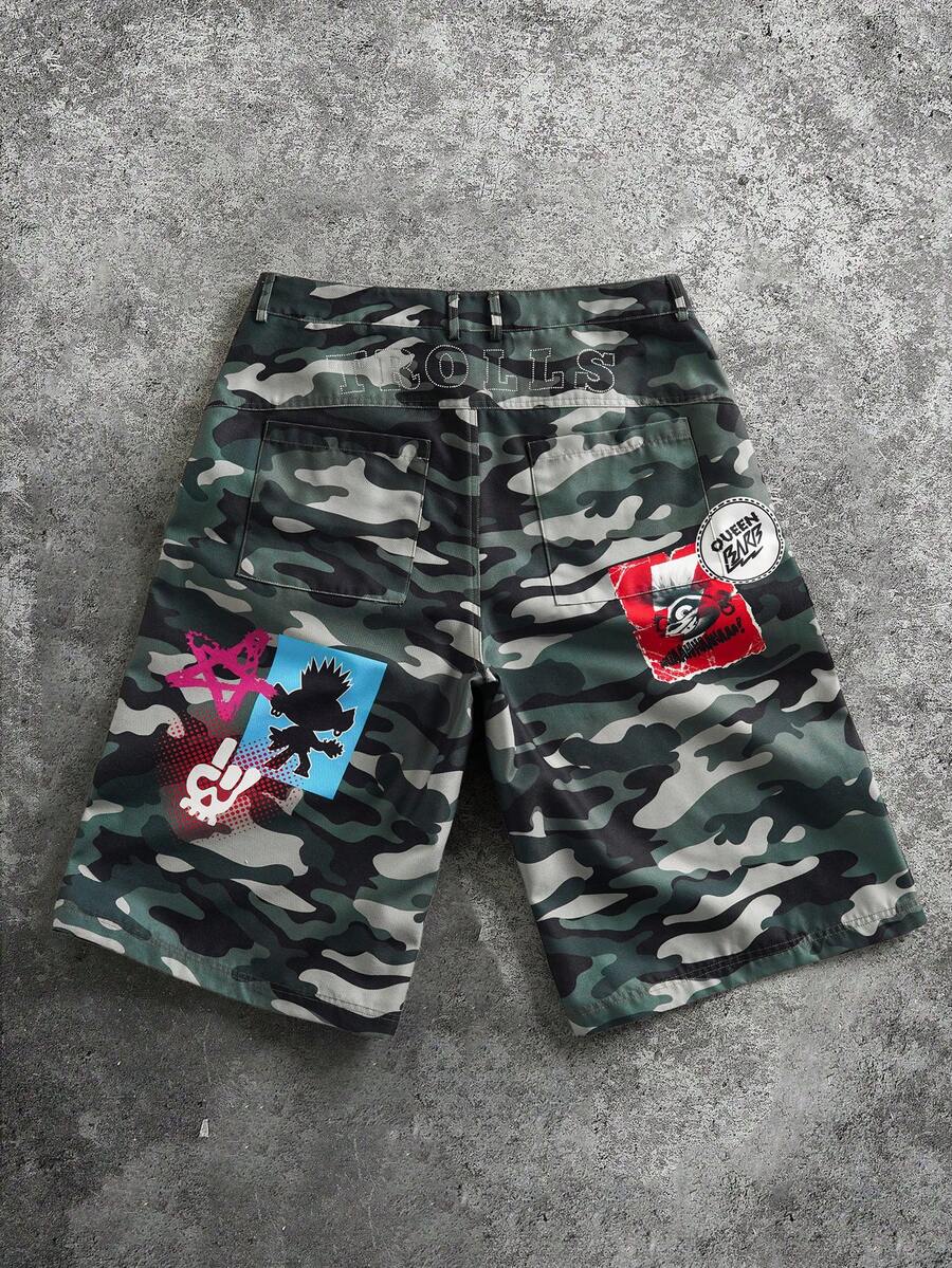 SHEIN Trolls Men's Casual Fashionable Street Camo Print Skull Embroidery Denim Shorts, Suitable For Daily Commute In Summer - Army Green - View 1