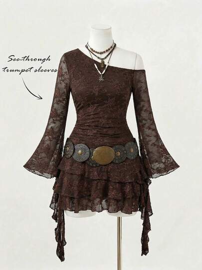 SHEIN MOD Vestido asimétrico con volantes para mujer talla grande en color marrón oscuro, vestido marrón oscuro, vestido marrón café, vestido corto marrón, vestido, vestido de otoño/invierno, vestido de Navidad, vestido de Año Nuevo, vestido de Acción de Gracias, vestido de fiesta, disfraces de Navidad, vestidos de fiesta para mujer, vestido de fiesta de Navidad