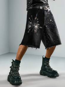 ROMWE MEN Street Life Spring/Summer Casual Graphic Men'S Contrast Color Rhinestone Pocket Fashionable Versatile Casual Commuting Denim Shorts - Black - View 1
