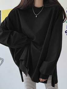 DAZY Women's Solid Color Oversized Long Sleeve T-Shirt, Suitable For Spring, Summer, Autumn - Black - View 9