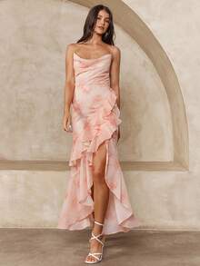 Enchnt 女士印花吊带荷叶边不对称下摆时尚吊带连衣裙，适合度假穿着 - 粉色 - 查看 2