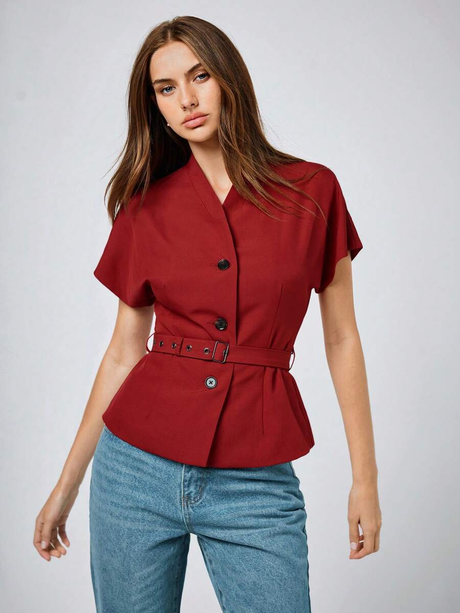 Maija Blazer informal de mujer con botones delanteros, adecuado para ir al trabajo en verano - Rojo - Ver 1