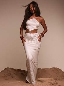 MUSERA Đầm maxi dáng dài, họa tiết vỏ sò, viền vàng, khoét eo, thích hợp cho kỳ nghỉ hè, du lịch biển, lễ tốt nghiệp, dạ hội. - Màu be - Xem 2